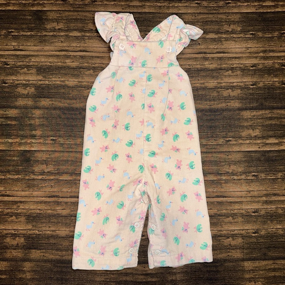 Healthtex Overalls Baby Toddler 12M Pink Vintage Elephant Duck Ruffle